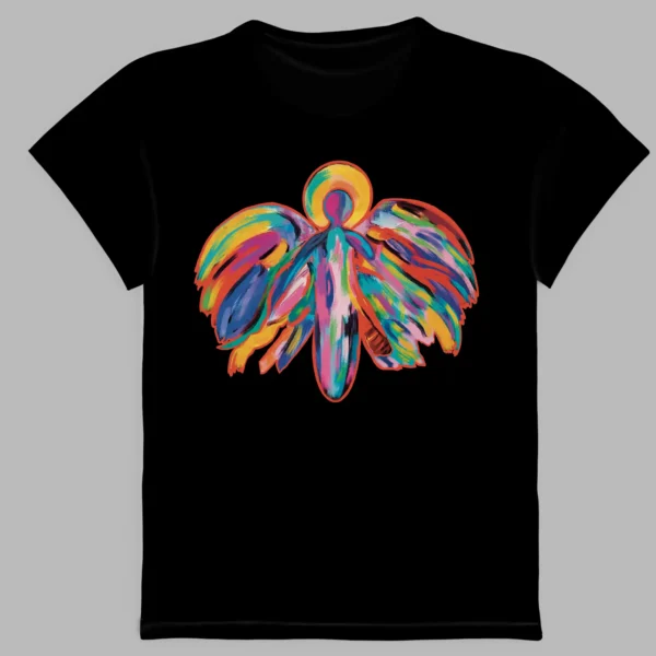a black t-shirt with a print of the colourful angel