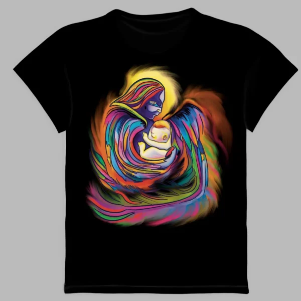a black t-shirt with a print of the guardian angel
