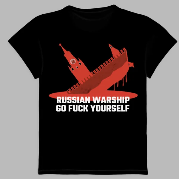 a black t-shirt with a print of the russian warship