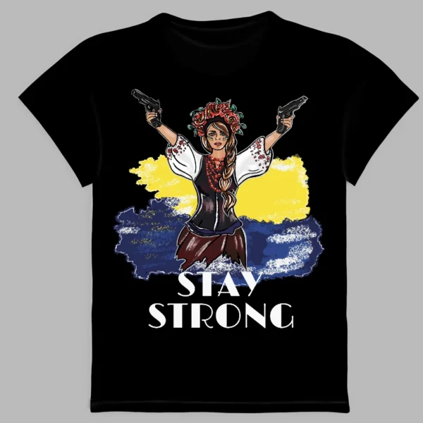 a black t-shirt with a print stay strong