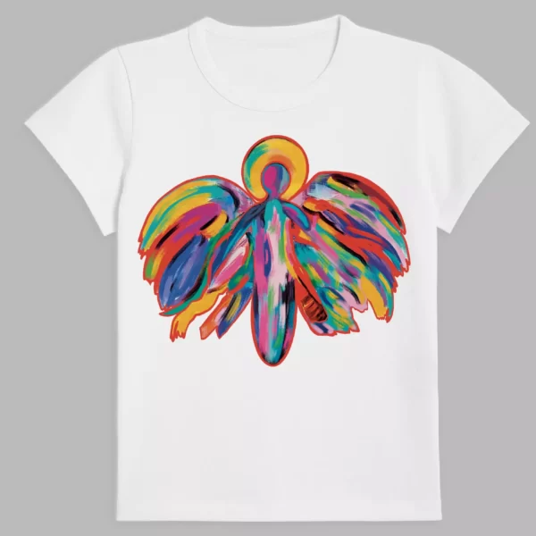 a white t-shirt with a print of the colourful angel