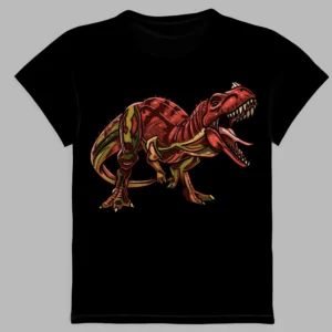 a black t-shirt with a print of the tyrex