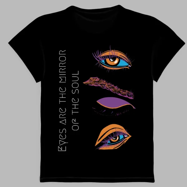 a black t-shirt with a print of the eyes