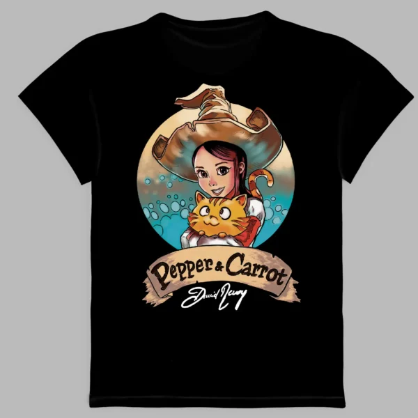 a black t-shirt with a print of the popular heroes pepper and carrot