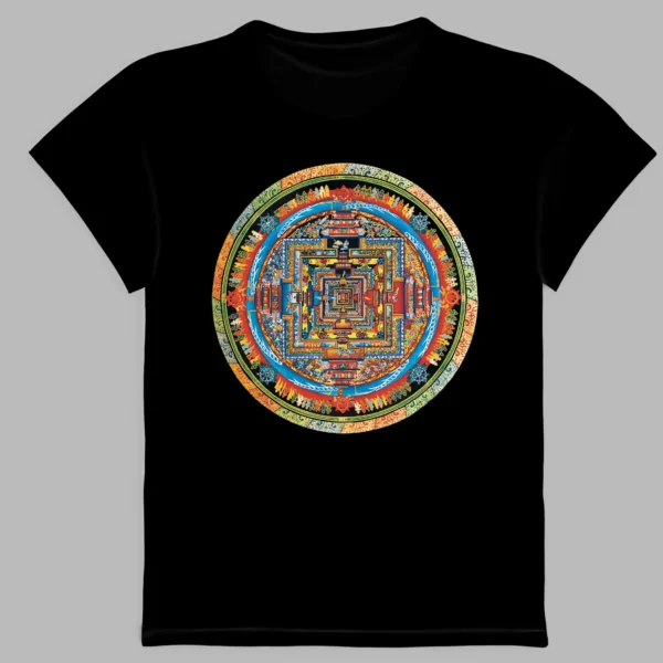 a black t-shirt with a print of the mandala