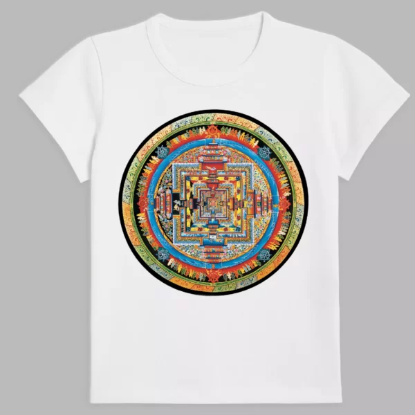 a white t-shirt with a print of the mandala