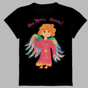 a black t-shirt with a print of the angel of peace