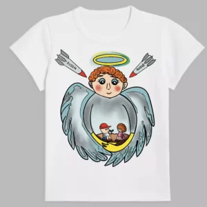 white t-shirt with a guardian angel print