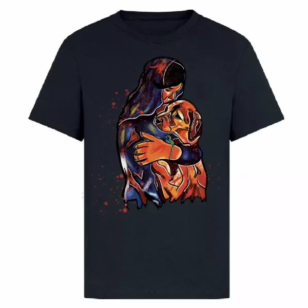 t- shirt in black colour with a unique print about human kindness