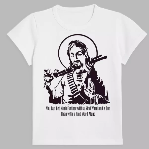 t-shirt in white colour with a print of jesus and a gun
