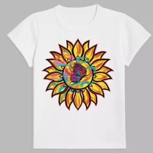t- shirt in white colour with a print of butterfly on sunflower