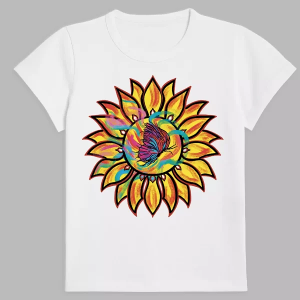 t- shirt in white colour with a print of butterfly on sunflower
