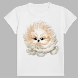 a white t-shirt with a print of fluffy dog