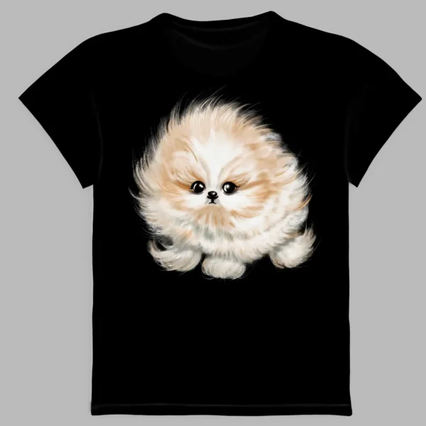 a black t-shirt with a print of the fluffy dog