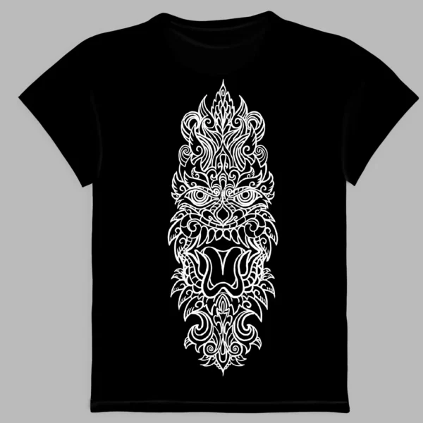 a black t-shirt with a print of the tibetan mask