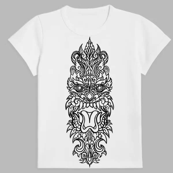 a white t-shirt with a print of the tibetan mask