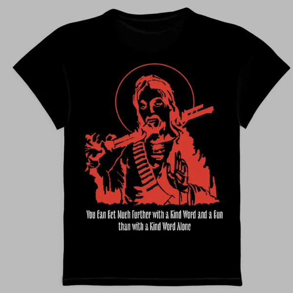 a black t-shirt with a print of the man with a gun