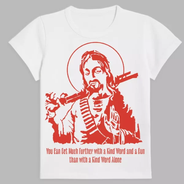 a white t-shirt with a print of the man with a gun