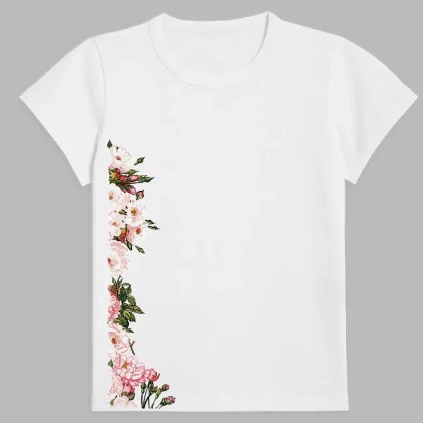 a white t-shirt with a print of the breath of spring