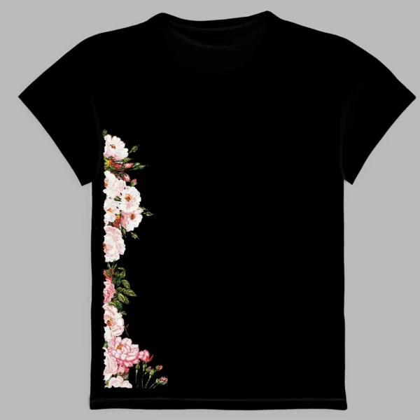 a black t-shirt with a print of the breath of spring