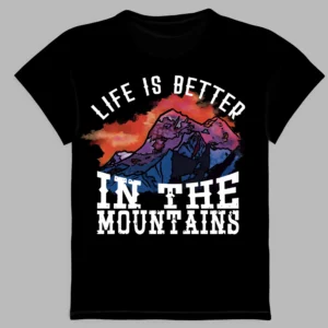 a black t-shirt with a print of the mountains