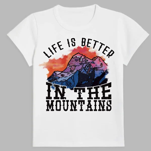 a white t-shirt with a print of the mountains