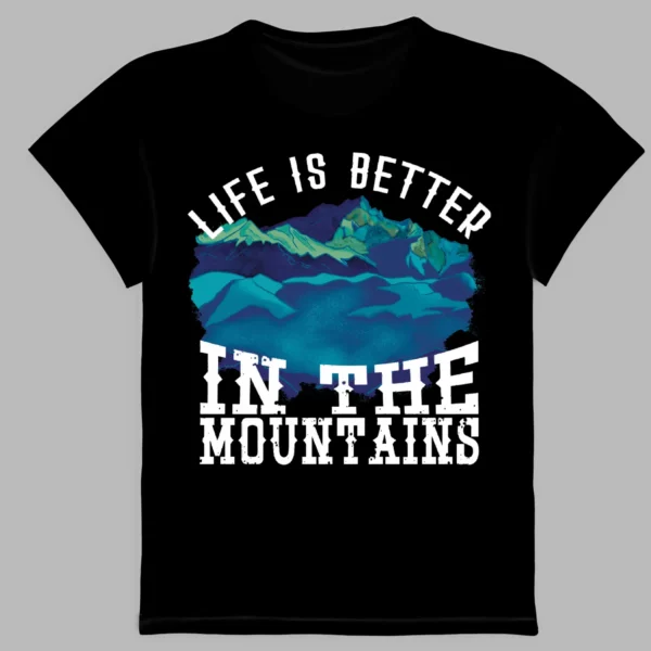 a black t-shirt with a print of the mountains