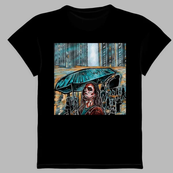 a black t-shirt with a print of a girl standing in the rain