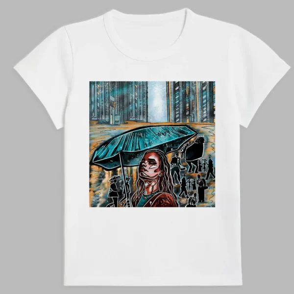 a white t-shirt with a print of a girl standing in the rain