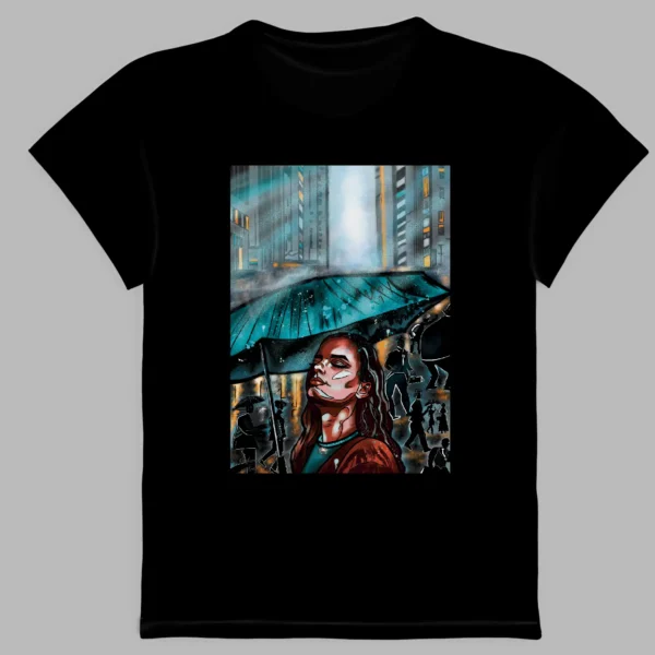 a black t-shirt with a print of a girl standing in the rain