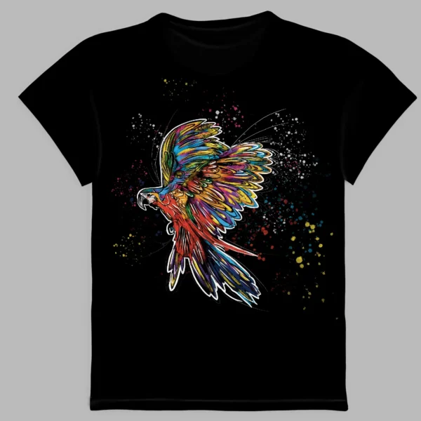 a black t-shirt with a print of the parrot