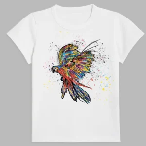 a white t-shirt with a print of the parrot