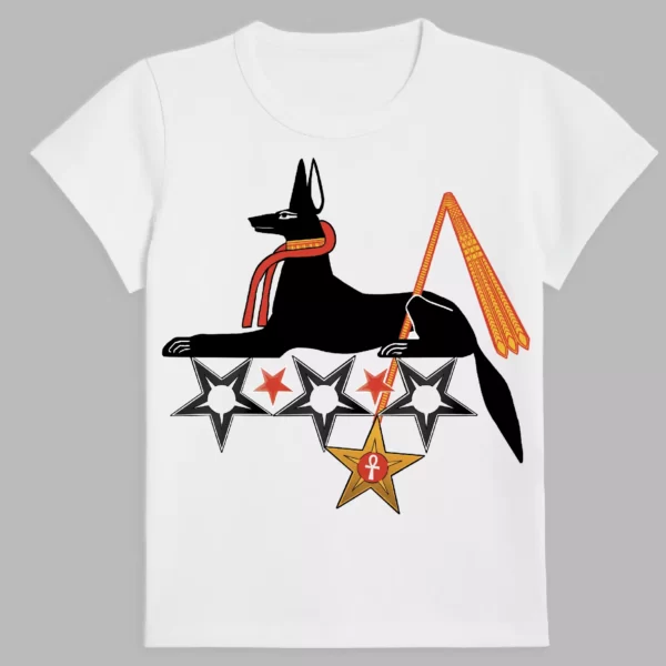 t- shirt in white colour with a print of the egyptian dog