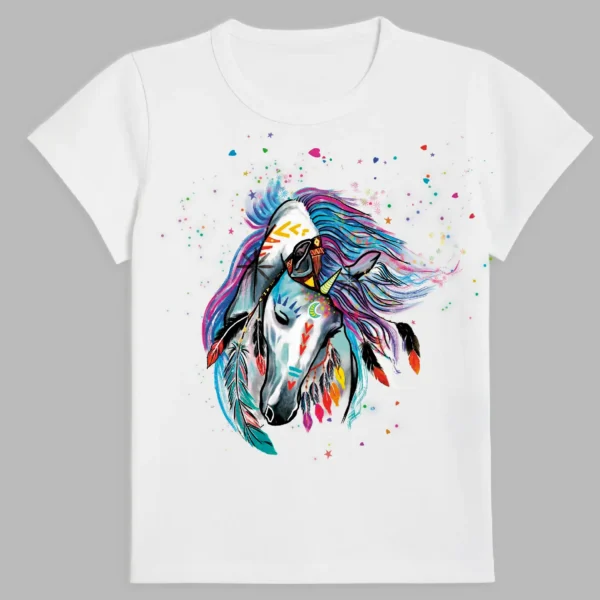 a white t-shirt with a print of the magic unicorn