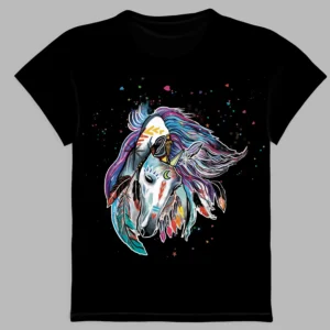 a black t-shirt with a print of the magic unicorn