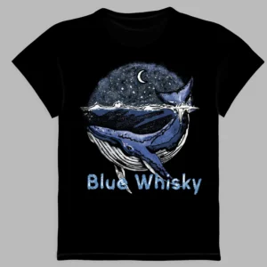 a black t-shirt with a print of the blue whale
