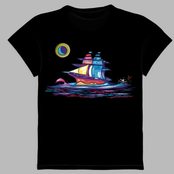 a black t-shirt with a print of dream sailing ship