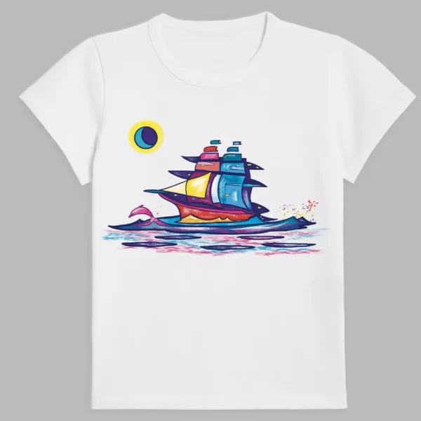 a white t-shirt with a dream sailing ship print