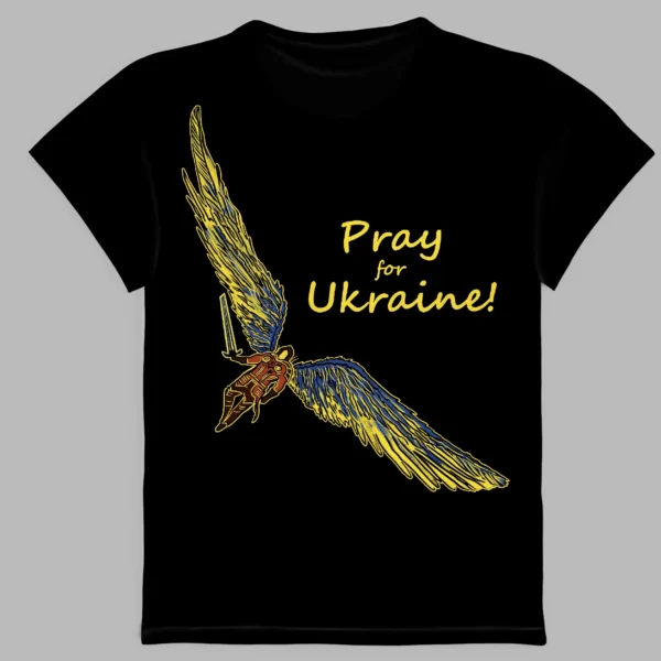 a black t-shirt with a print of the angel