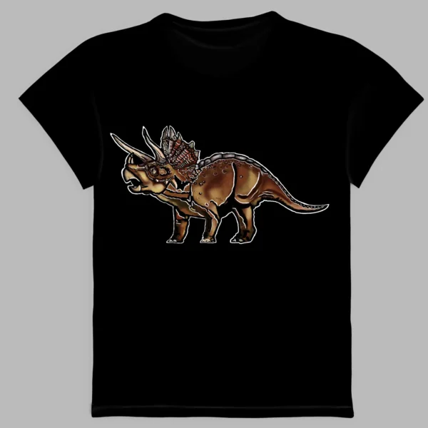 a black t-shirt with a print of the triceratops