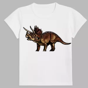 a white t-shirt with a print of the triceratops