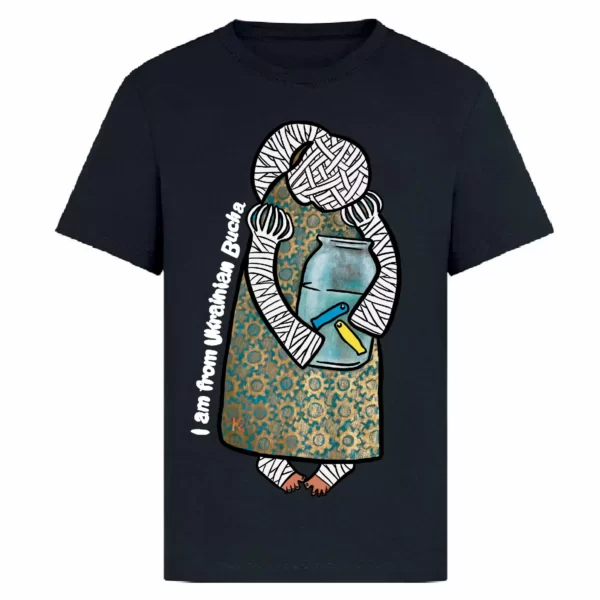 t-shirt in black colour with a print of ukrainian artist which was painted during russian occupation of bucha