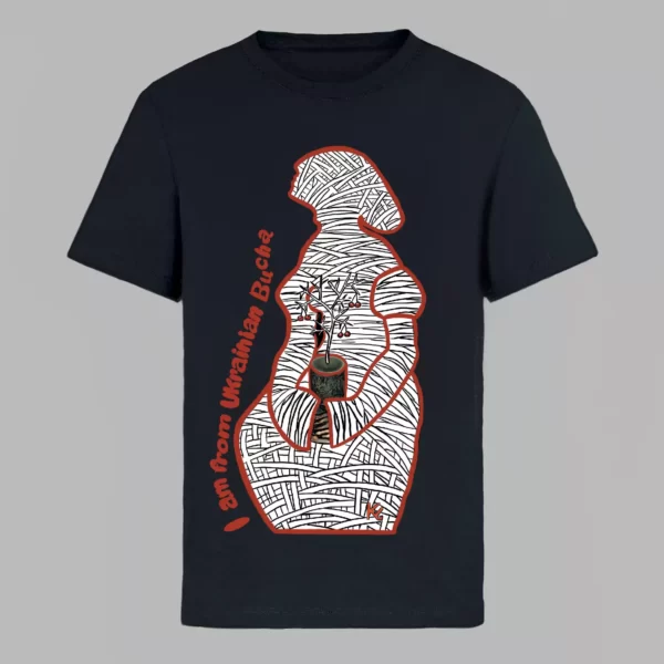 t-shirt in black colour with a print which was made by ukrainian artist in bucha during russian occupation