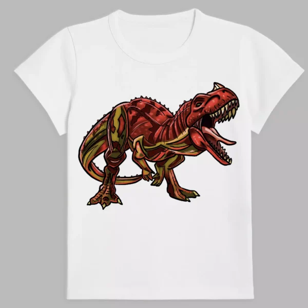 a white t-shirt with a print of the tyrex