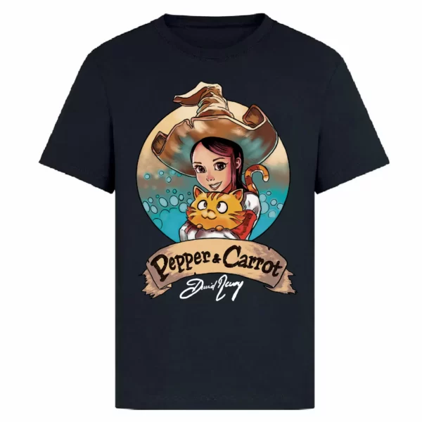 t-shirt in black colour with a print of your favourite characters from a popular mini-series pepper and carrot
