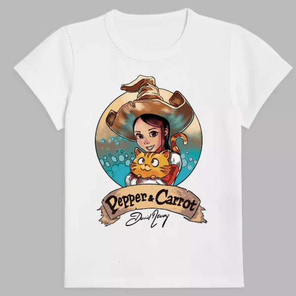 a white t-shirt with a print of the popular heroes pepper and carrot