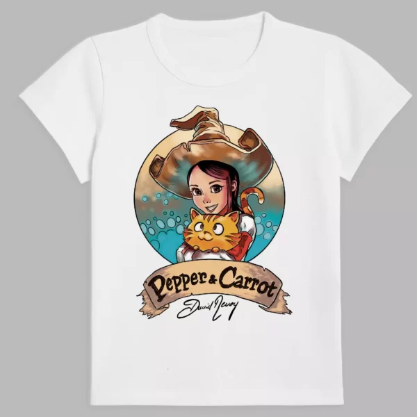 t-shirt in white colour with a print of your favourite characters from a popular mini-series pepper and carrot