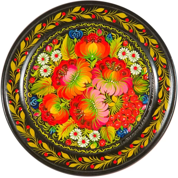 Wooden Platter With Petrykivka Painting #17
