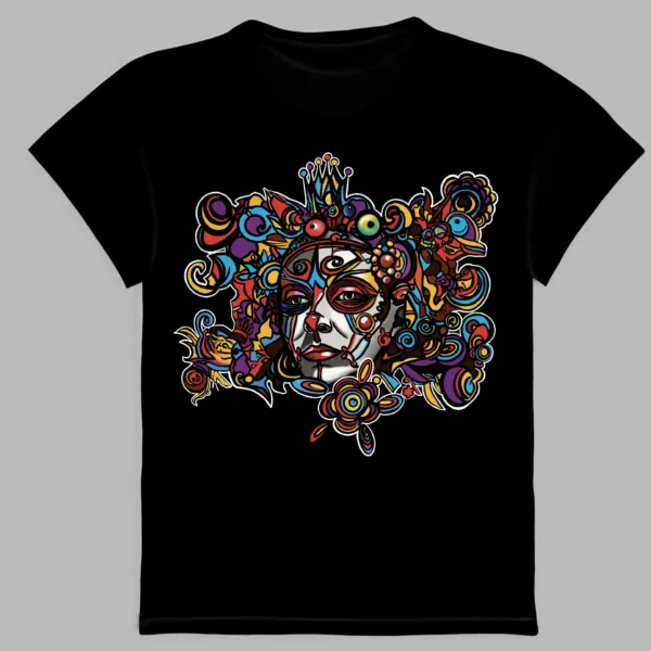 a black t-shirt with a print of the face in the mask
