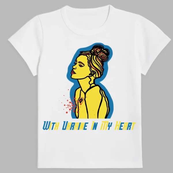 a white t-shirt featuring an image of a woman depicted as ukraine
